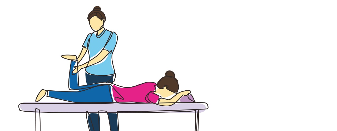 Continuous one line drawing physiotherapy rehabilitation assistance. Cute woman patient lying on massage table therapist doing healing treatment massaging injured foot. Single line draw design vector